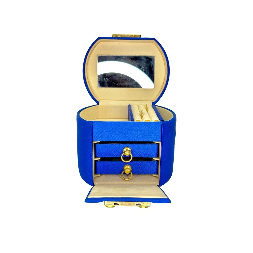 Vintage Blue Travel Jewelry Box Case w/ Mirror Drawers‎ & Keys Gold Hardware